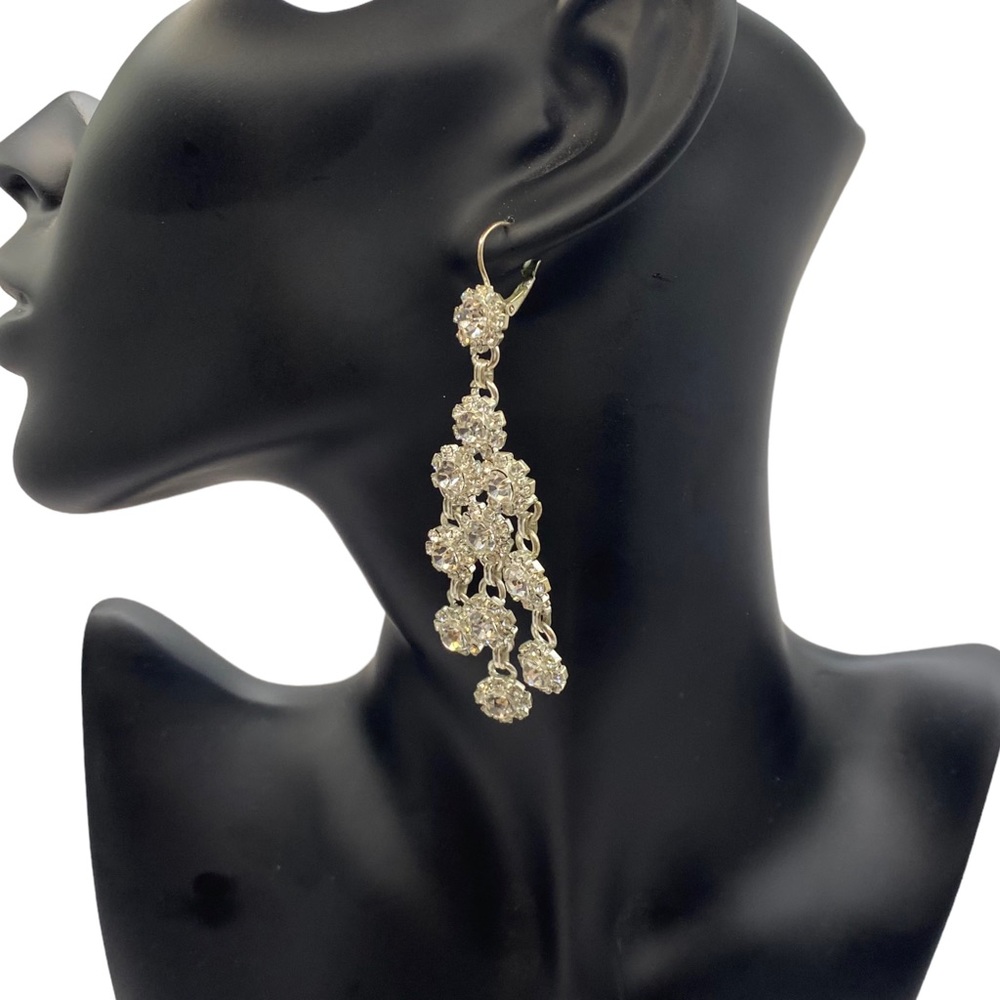 Silvertone Sparkling Floral Dangle Statement Earrings